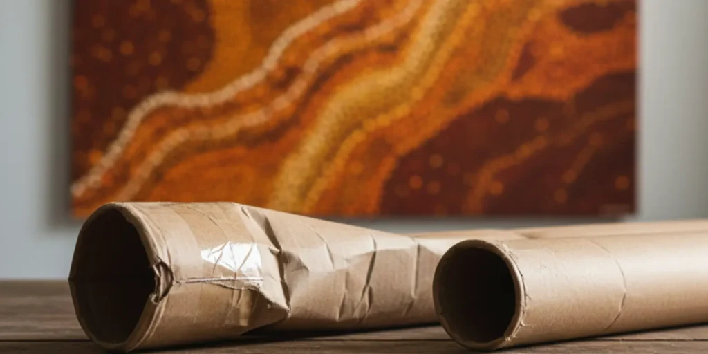 Empty shipping tube on a table with a blurred Aboriginal painting in the background, representing lost artwork by Aboriginal artist Bobbi Lockyer.