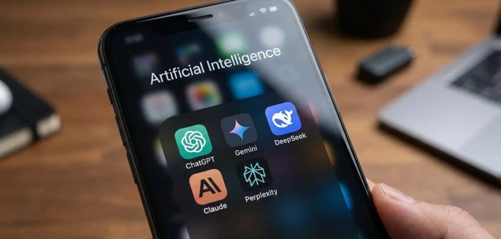 Smartphone screen showing artificial intelligence apps such as ChatGPT, Gemini, DeepSeek, Claude, and Perplexity