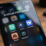 Smartphone screen showing artificial intelligence apps such as ChatGPT, Gemini, DeepSeek, Claude, and Perplexity