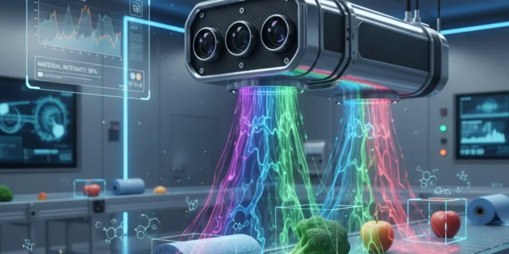 AI hyperspectral camera scanning food and materials with spectral light overlays for real-time analysis.