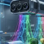 AI hyperspectral camera scanning food and materials with spectral light overlays for real-time analysis.