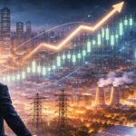 Businessman viewing a city powered by energy and financial growth driven by artificial intelligence