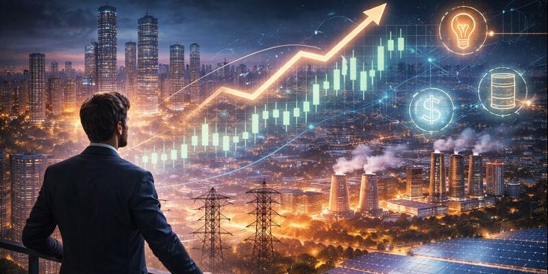 Businessman viewing a city powered by energy and financial growth driven by artificial intelligence
