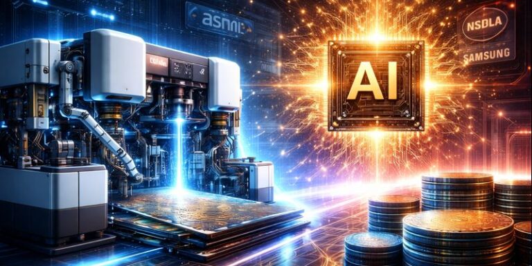 Futuristic semiconductor manufacturing scene showing an advanced EUV lithography machine producing a glowing AI chip in a high-tech lab environment