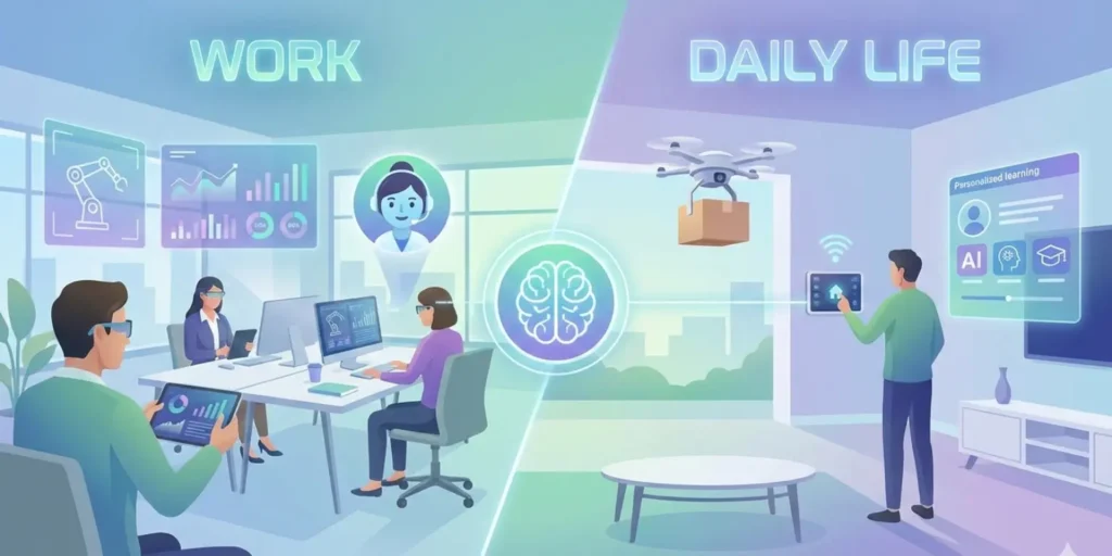 People interacting with artificial intelligence tools, automation icons, and data charts, representing AI skills and technology in 2026.