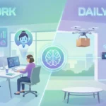 People interacting with artificial intelligence tools, automation icons, and data charts, representing AI skills and technology in 2026.