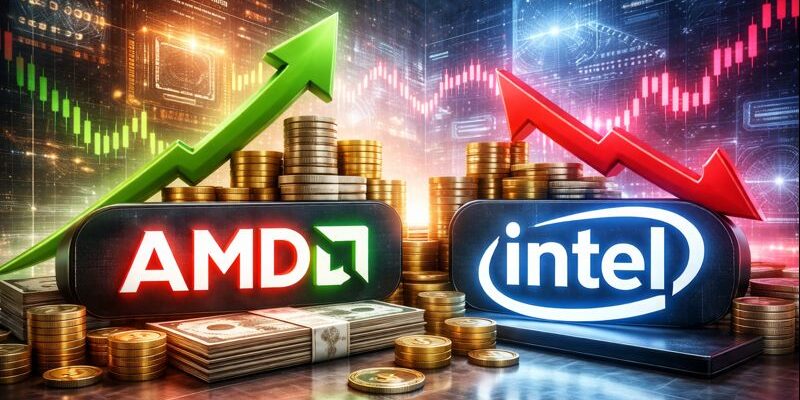 AMD and Intel logos with rising and falling stock indicators representing market reaction to earnings guidance