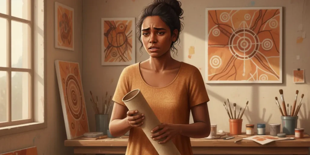 Aboriginal artist in her studio holding an empty postal tube after Australia Post lost a $4,000 painting