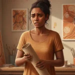 Aboriginal artist in her studio holding an empty postal tube after Australia Post lost a $4,000 painting