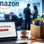Amazon office with laptop showing layoff notice email, corporate environment, and employees in discussion