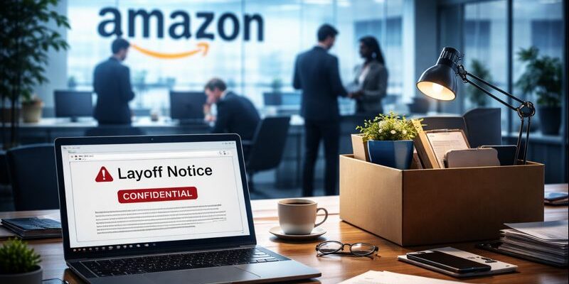 Amazon office with laptop showing layoff notice email, corporate environment, and employees in discussion