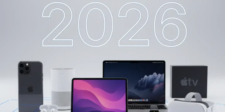 Concept image of Apple 2026 product lineup featuring iPhone, iPad, MacBook, Apple Watch, AirPods, Vision Pro, and smart home devices