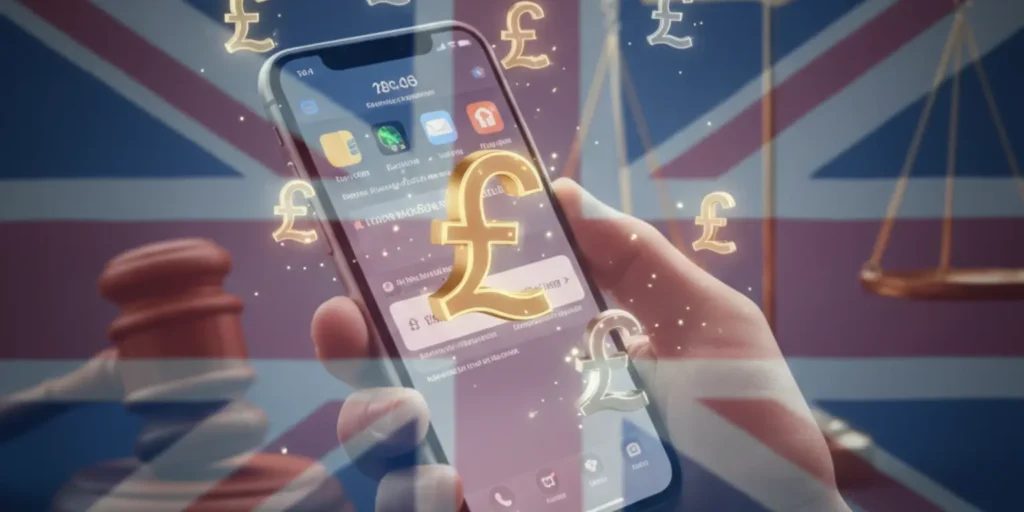 iPhone displaying Apple Wallet with UK pound symbols and a gavel in the background representing legal action.