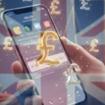 iPhone displaying Apple Wallet with UK pound symbols and a gavel in the background representing legal action.