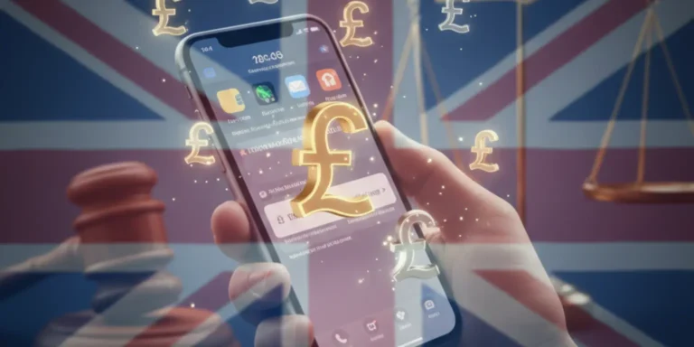 iPhone displaying Apple Wallet with UK pound symbols and a gavel in the background representing legal action.
