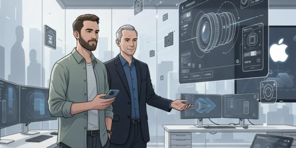 Sebastiaan de With, co-founder of Halide, joins Apple design team, with iPhone camera and photography app icons in the background, symbolizing innovation in smartphone imaging.