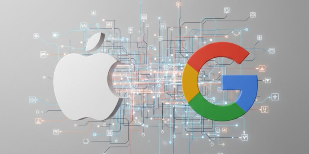 Apple and Google Apple and Google AI Partnership logos as GlobalData calls their AI partnership a win-win for both companies.