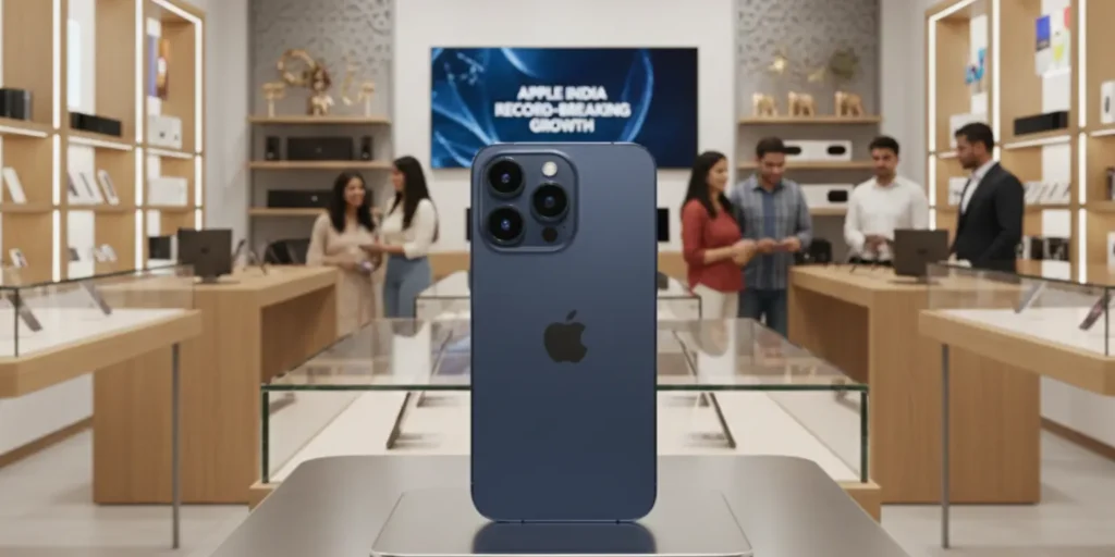 Apple iPhone displayed in an Indian retail store, symbolizing record iPhone sales growth in India’s premium smartphone market.