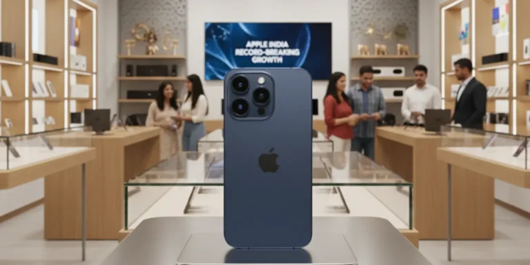 Apple iPhone displayed in an Indian retail store, symbolizing record iPhone sales growth in India’s premium smartphone market.