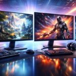 Multiple 4K gaming monitors displaying high-resolution gameplay scenes in a modern gaming setup