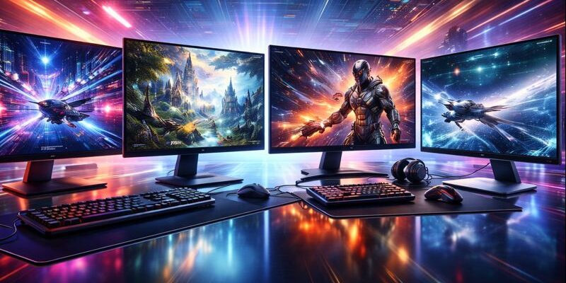 Multiple 4K gaming monitors displaying high-resolution gameplay scenes in a modern gaming setup