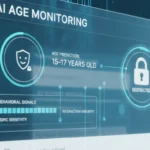ChatGPT interface with AI age detection graphics, showing content restrictions and safety measures for minors.