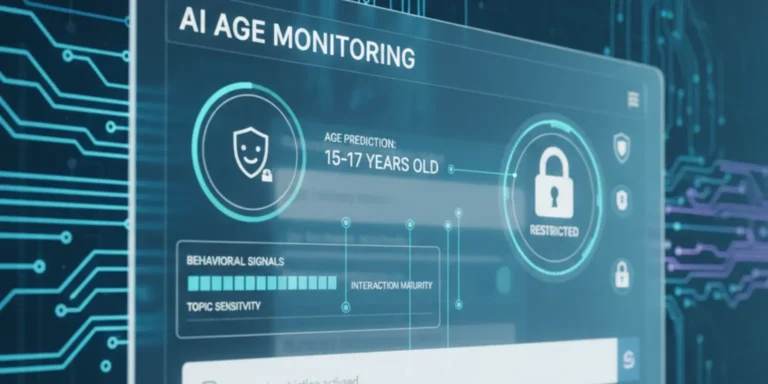 ChatGPT interface with AI age detection graphics, showing content restrictions and safety measures for minors.