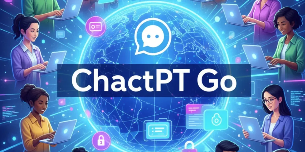 People around the world using ChatGPT Go on laptops and smartphones, representing the global launch of the subscription plan.