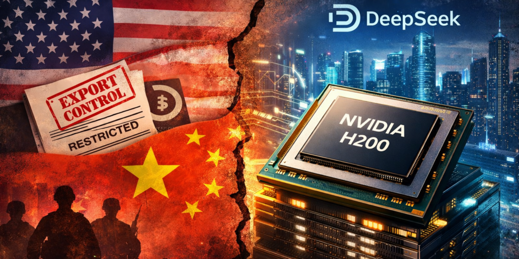 Nvidia H200 AI chip representing U.S.–China technology tensions and China’s conditional approval for DeepSeek