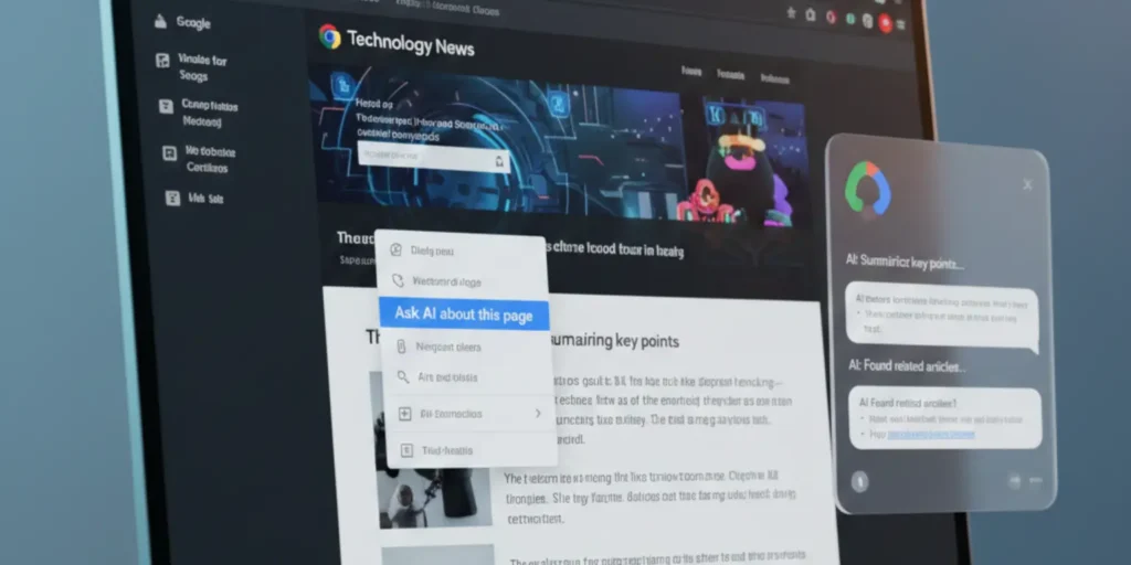Google Chrome browser showing right-click AI option and side panel for asking questions about a webpage.