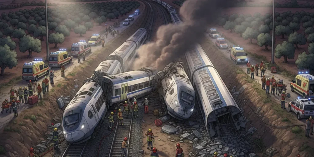 Emergency crews respond to a high speed train collision near Adamuz in southern Spain
