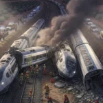 Emergency crews respond to a high speed train collision near Adamuz in southern Spain