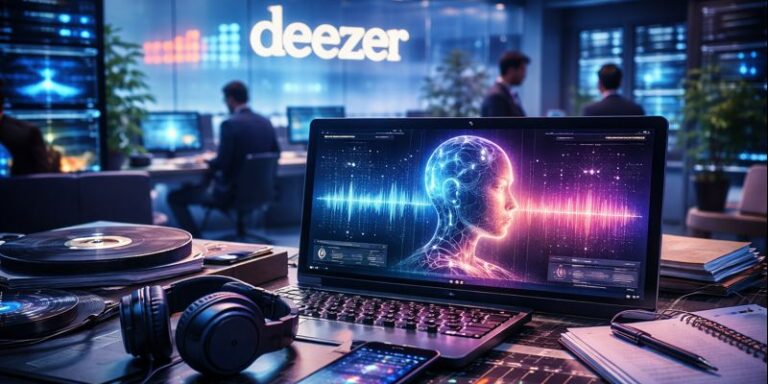 Futuristic music streaming setup with laptop displaying audio waveform and AI interface, headphones, vinyl records, and tech workspace in modern office environment.