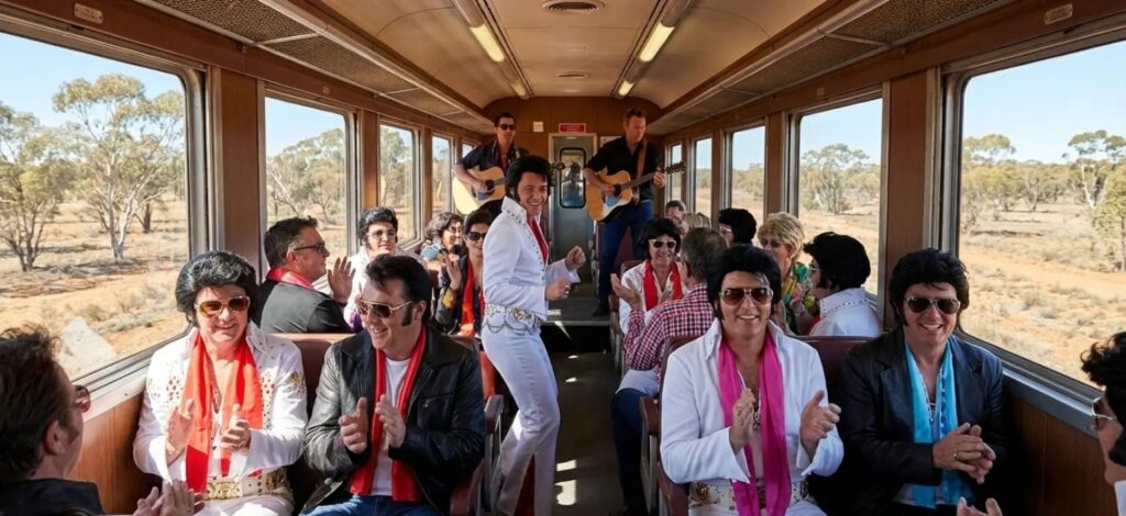 Elvis-themed train carrying Elvis Presley fans in costume traveling from Sydney to Parkes, Australia