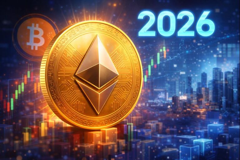 Ethereum coin representing potential price growth and blockchain adoption in 2026