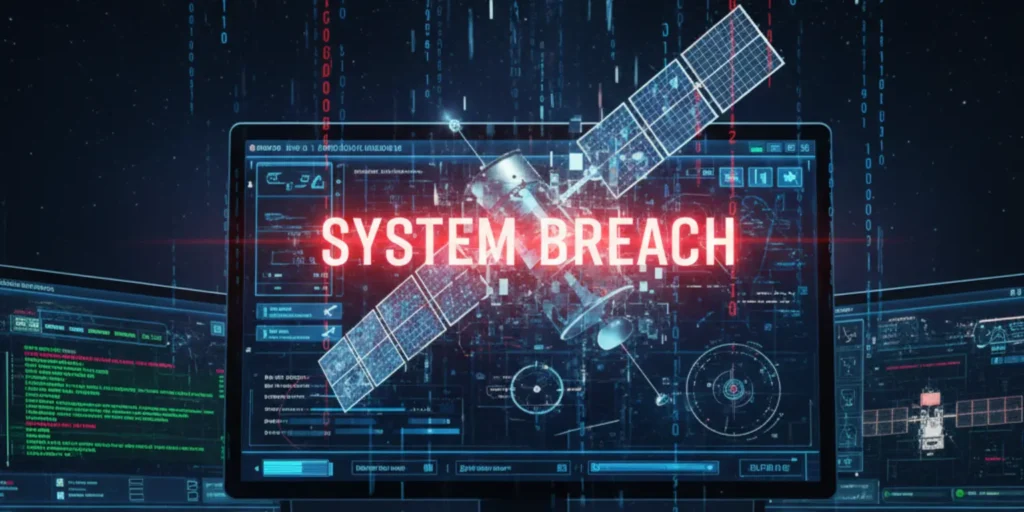 Cyberattack on European Space Agency (ESA) showing a satellite interface with digital warning symbols and data breach visuals.