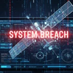 Cyberattack on European Space Agency (ESA) showing a satellite interface with digital warning symbols and data breach visuals.