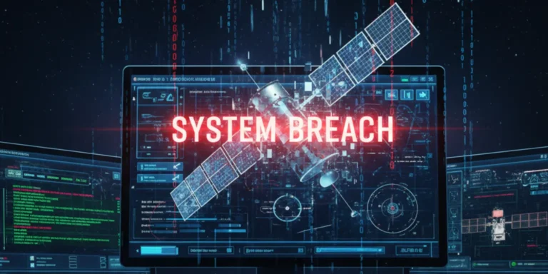 Cyberattack on European Space Agency (ESA) showing a satellite interface with digital warning symbols and data breach visuals.