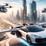 Futuristic flying cars hovering above a modern city skyline representing the future of urban air mobility