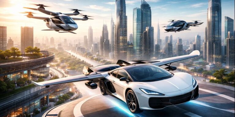 Futuristic flying cars hovering above a modern city skyline representing the future of urban air mobility