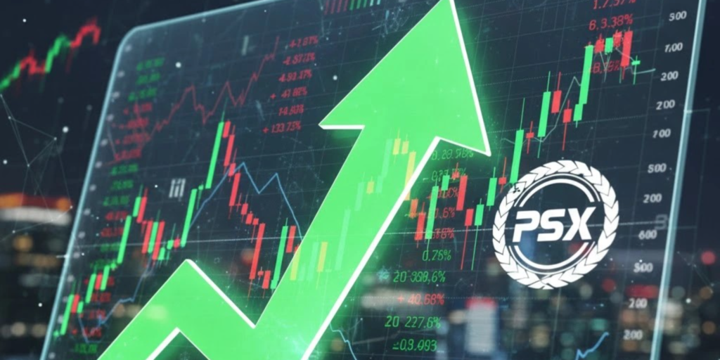Green upward arrow showing stock market growth at PSX as foreign investors increase market confidence