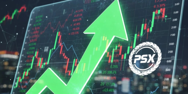 Green upward arrow showing stock market growth at PSX as foreign investors increase market confidence