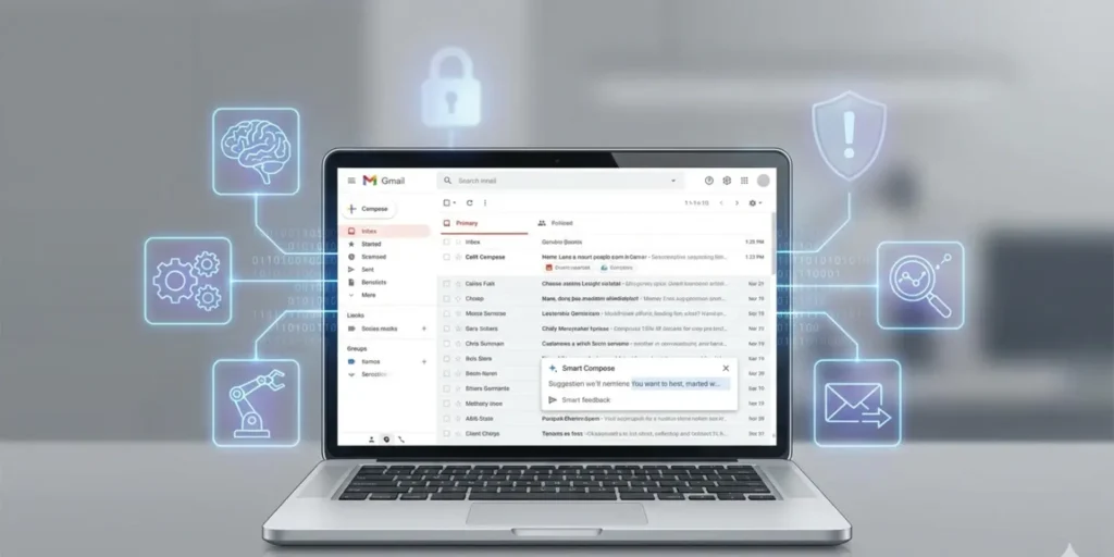 Illustration showing Google's Gmail inbox with AI features highlighting privacy and data analysis concerns