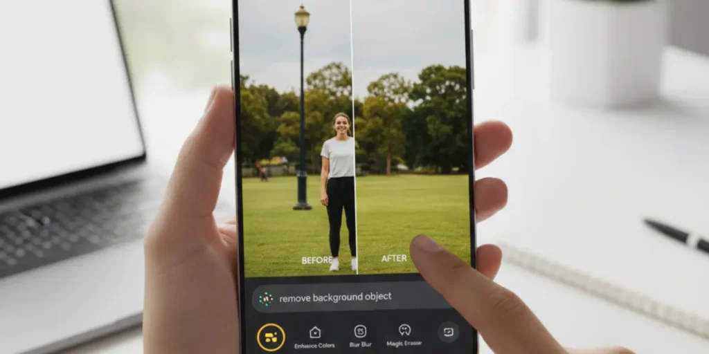 A user editing a photo on Google Photos using text commands on an Android device, with AI suggestions for object removal, color correction, and enhanced edits, showcasing accessibility and smart AI tools.