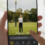 A user editing a photo on Google Photos using text commands on an Android device, with AI suggestions for object removal, color correction, and enhanced edits, showcasing accessibility and smart AI tools.