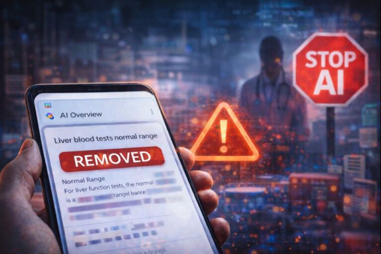 Smartphone showing Google AI Overview removed from a medical search result