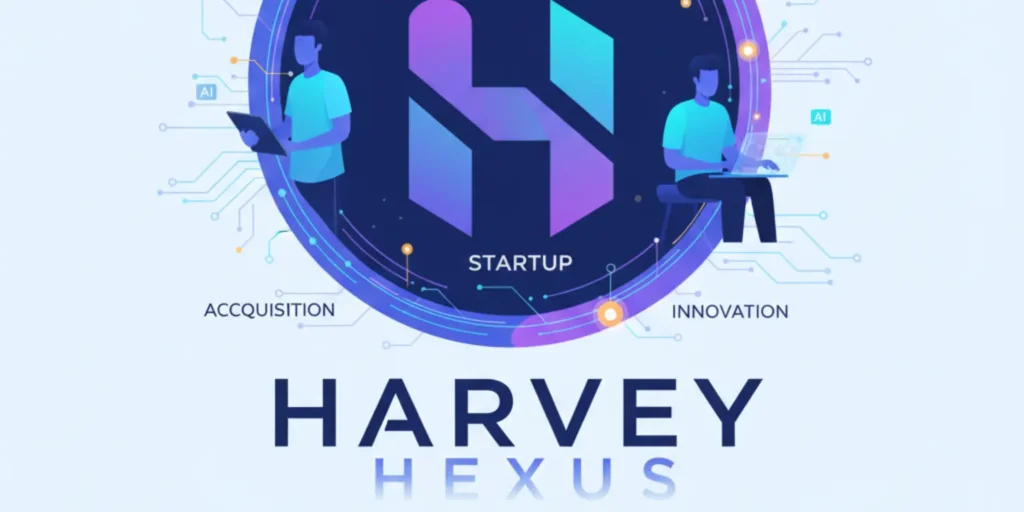 Harvey legal AI branding alongside abstract technology visuals representing the acquisition of legal tech startup Hexus.
