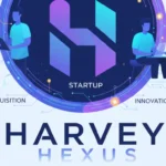 Harvey legal AI branding alongside abstract technology visuals representing the acquisition of legal tech startup Hexus.