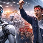 Humanoid robots inside a Hyundai factory as workers protest automation and job security concerns