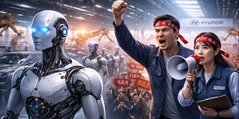 Humanoid robots inside a Hyundai factory as workers protest automation and job security concerns